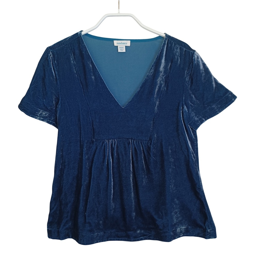 Sundance Teal Blue Silk Blend Velvet V-Neck Empire Waist Blouse PXXS
